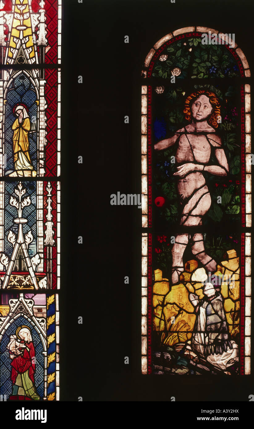 "Bildende Kunst, religiöse Kunst, Adam und Eva, Links"Paradies-Fenster", richtige Saint Mary-Fenster, Glas, Gemälde von Peter Hemmel Stockfoto