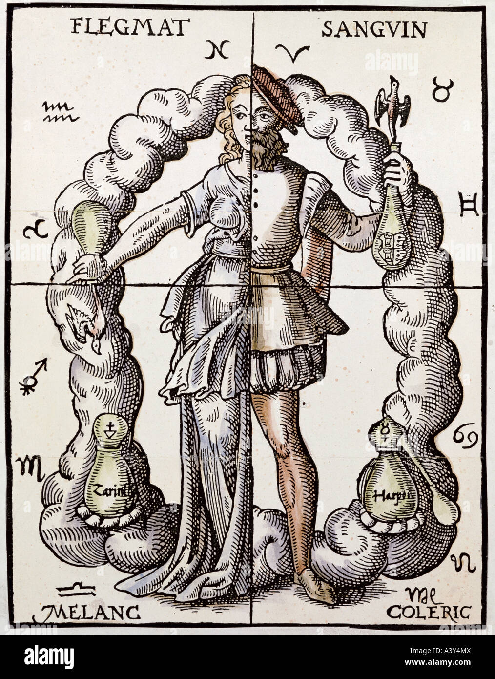 Aberglaube, Zahlensymbolik, '4', androgyn mit vier Elementen und Temperamenten, Farbholzschnitt, von 'Quinta essencia', von Leonhards Thurneysser zu Thurn, (1531 - 1596), ca. 16. Jahrhundert, Privatsammlung, Stockfoto