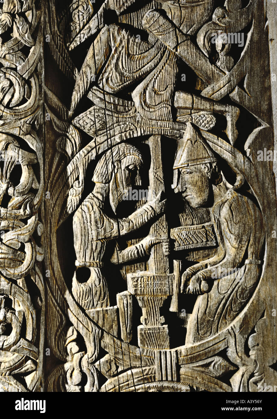 Bildende Kunst, nordische Kunst, Sigurd auf Amboss mit zerbrochenes Schwert, Detail, Portal Hylestad Kirke Setesdal, zweite Hälfte 12. Jahrhundert, woo Stockfoto