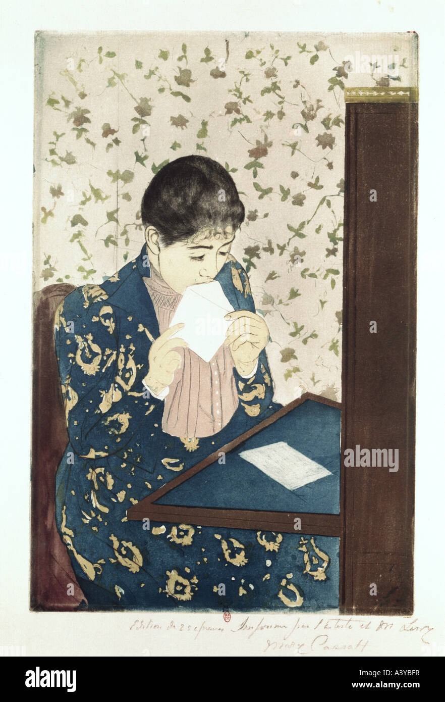 "Fine Arts, Cassatt, Maria, (1845-1926), Grafiken,"der Brief", ca. 1891, farbige Radierung, 34,5 cm x 22,8 cm, nationale Libr Stockfoto