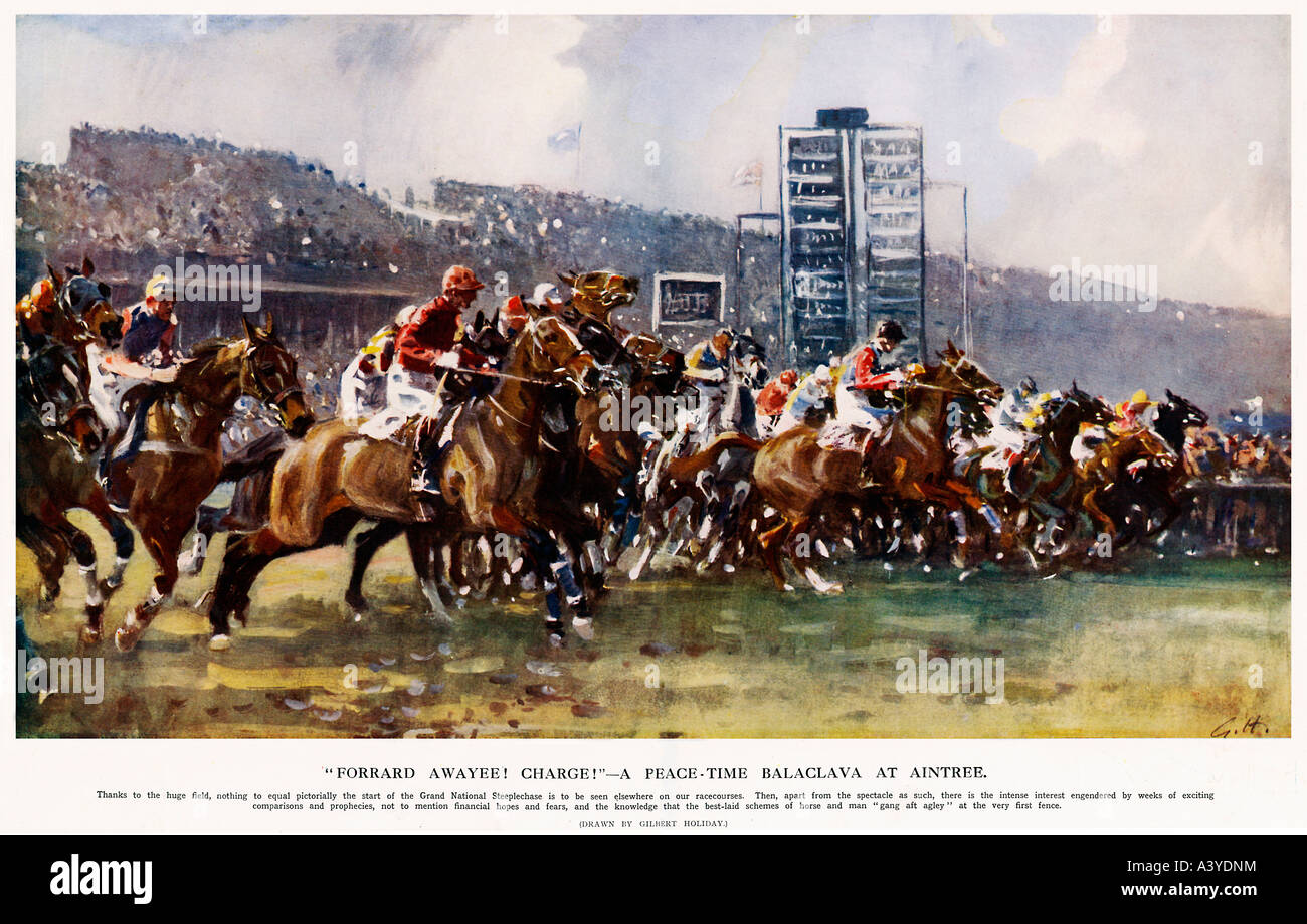Grand National 1930 A Malerei des Beginns der klassischen Hindernislauf in Aintree als die Pferde kostenlos entfernt Stockfoto