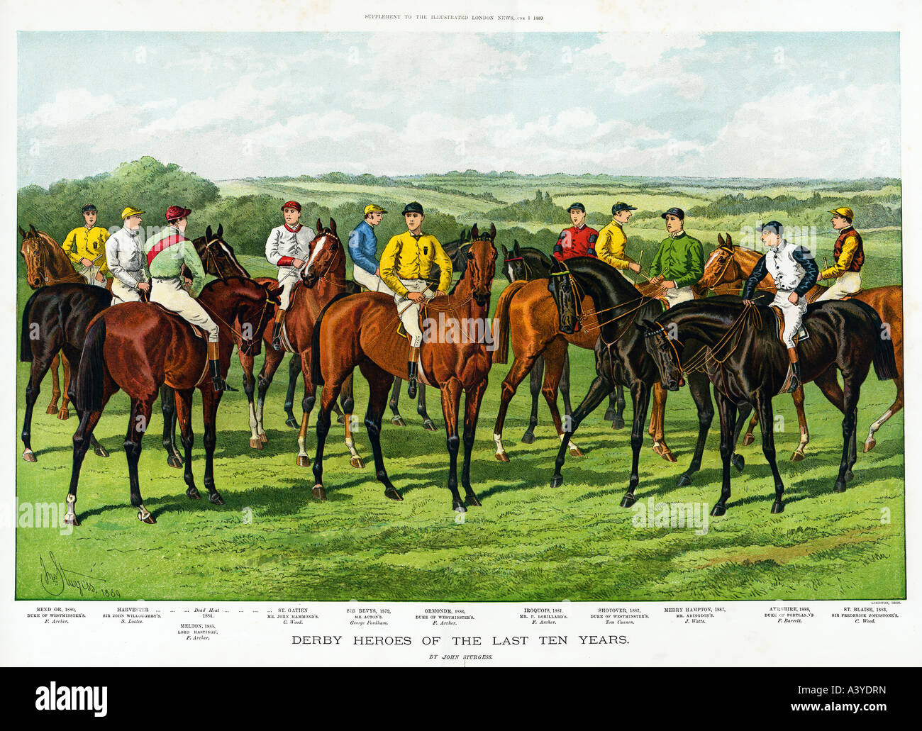 Derby-Helden die Gewinner des Epsom-Klassikers aus dem Jahr 1879 bis 1888 1889 print, dass Jahre Rennen Herold Stockfoto