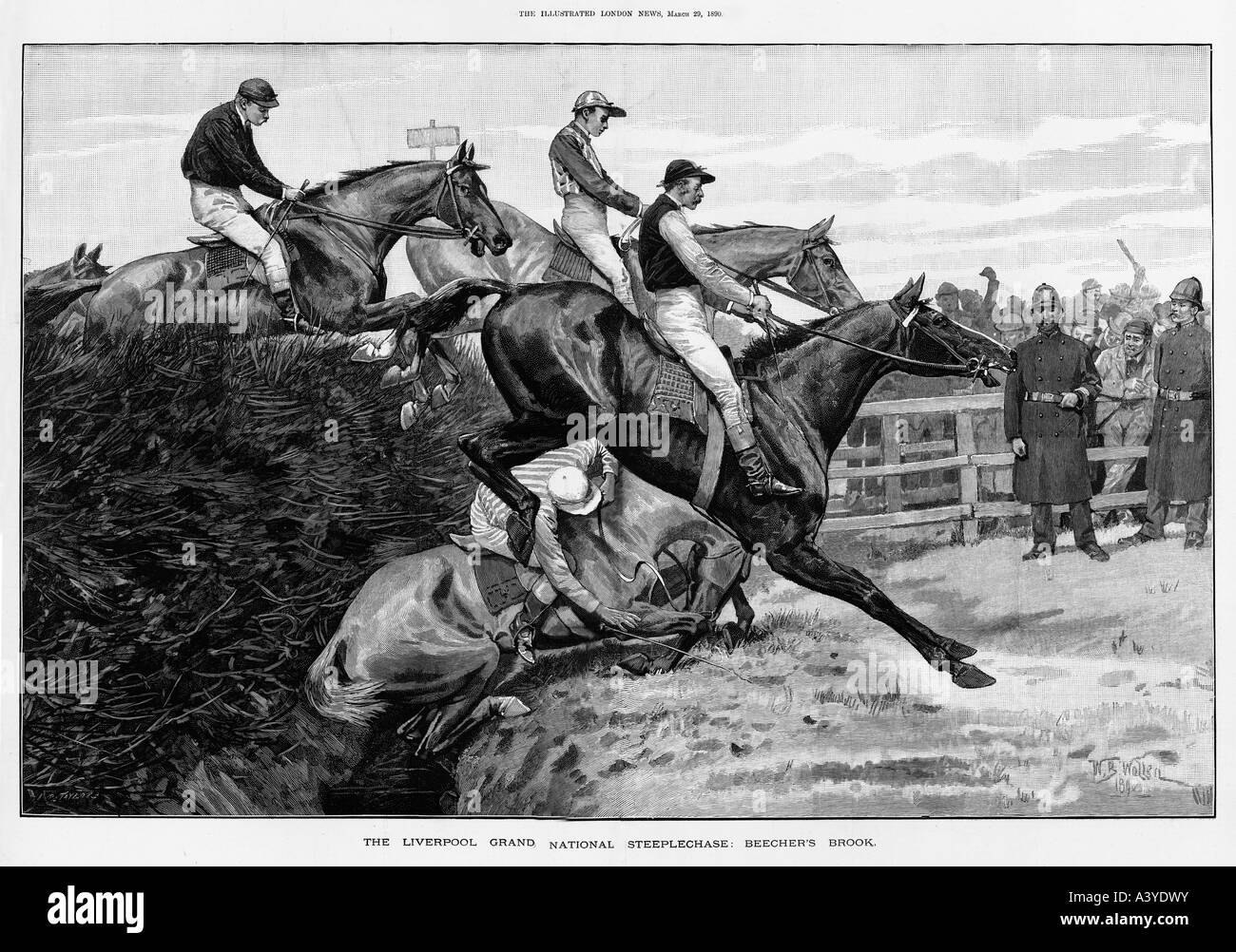 Beechers Brook 1890 Gravur der Pferde springen der berühmte Zaun im Hindernislauf Grand National in Aintree Stockfoto