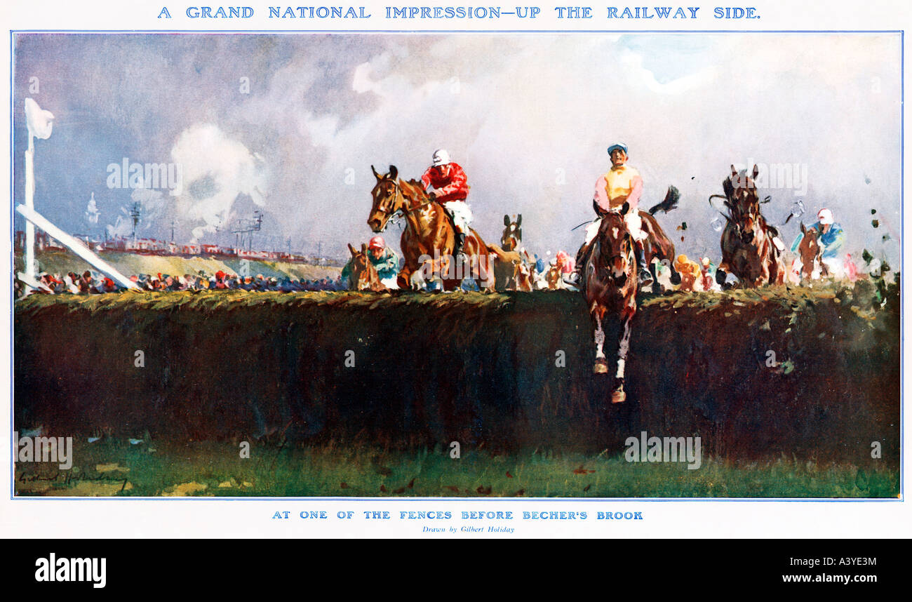 Ein Grand National Eindruck 1926 Gemälde des Feldes Bewältigung eines der Zäune vor Bechers in den premier-Hindernislauf Stockfoto