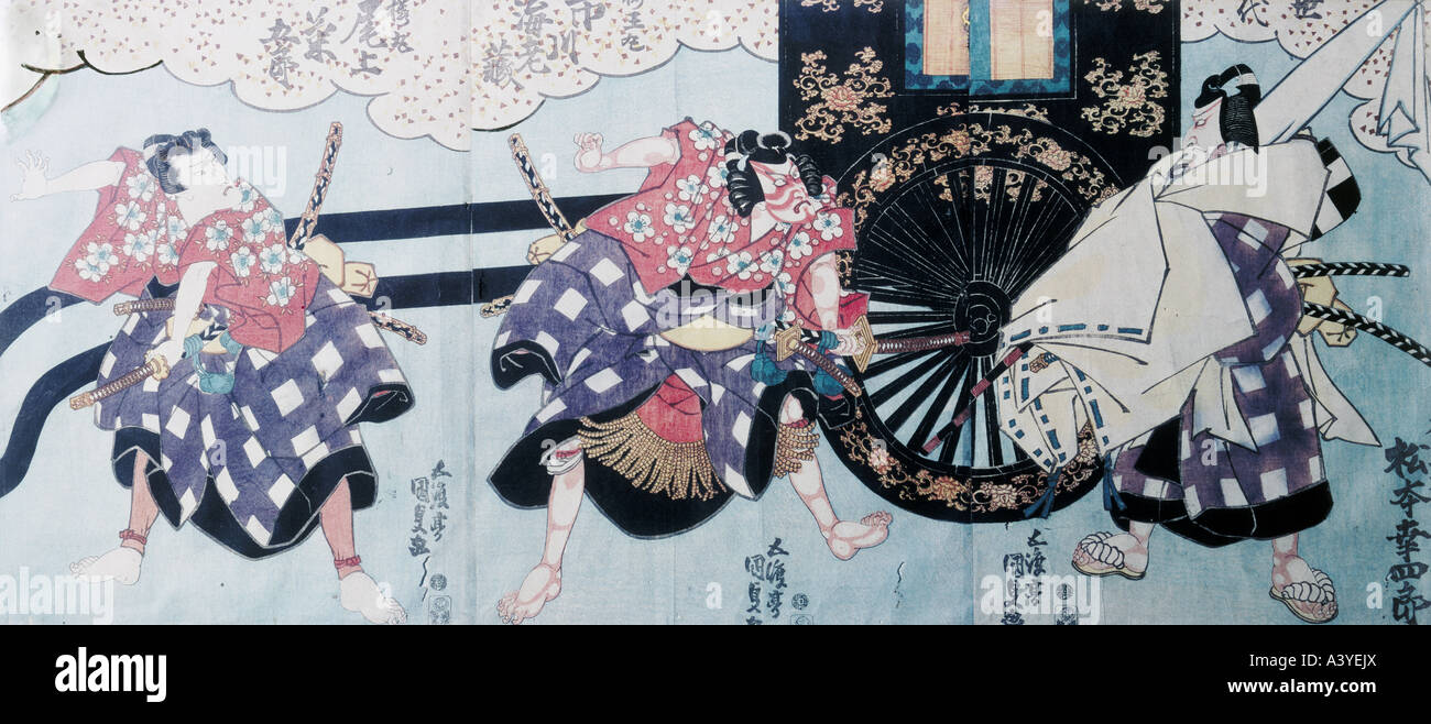 Bildende Kunst, Kunisada, Utagawa (1786-1864), Grafiken, Kurumabiki Szene aus Drama Sugawara Denju Tenerai Kagami, ca. 1835, co Stockfoto