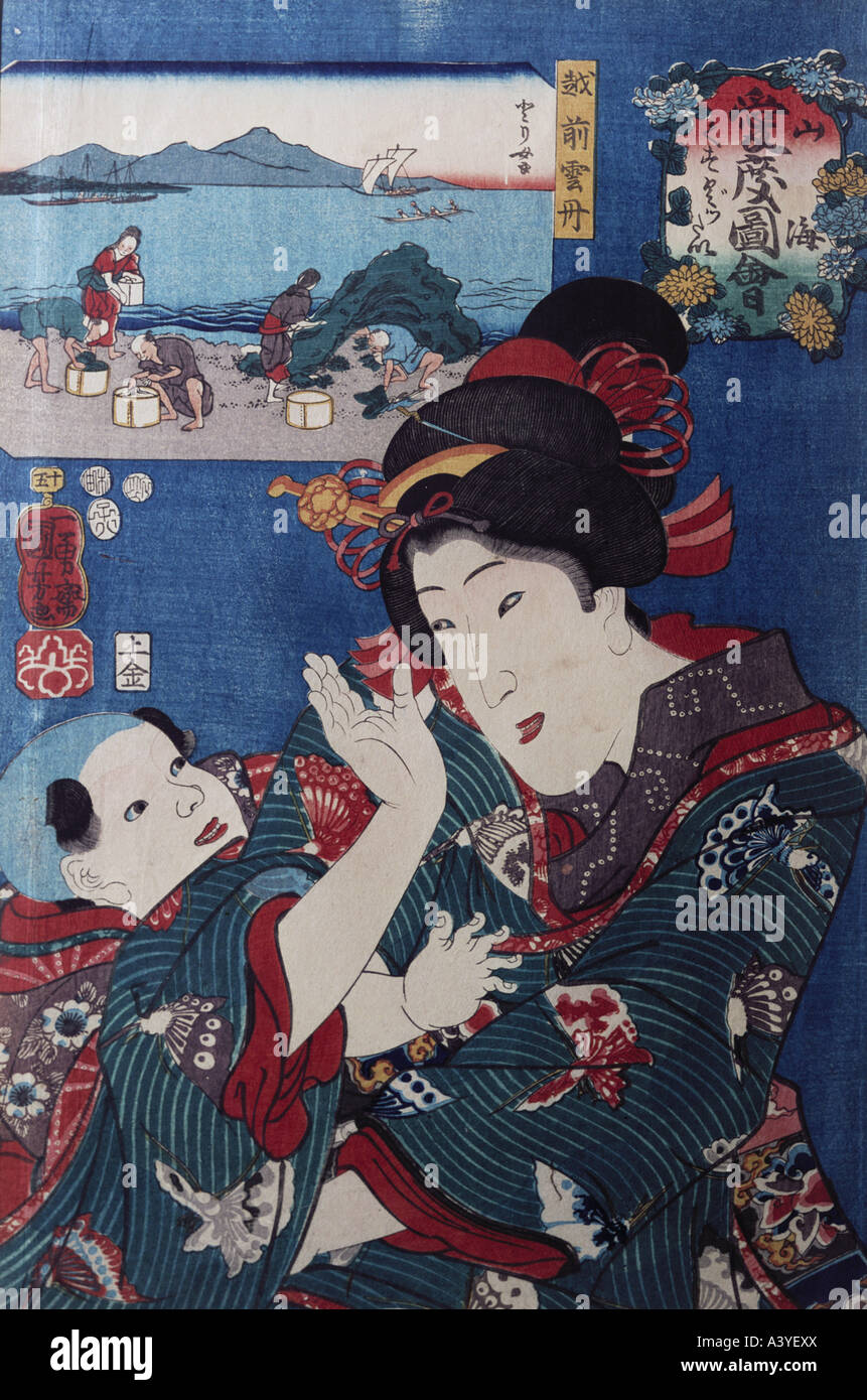 "Fine Arts, Kuniyoshi, Utagawa (1798-1861), Grafiken,"Mutter und Kind", Farbe des 19. Jahrhunderts, Holzschnitt, 25 x 38 cm, aus Stockfoto