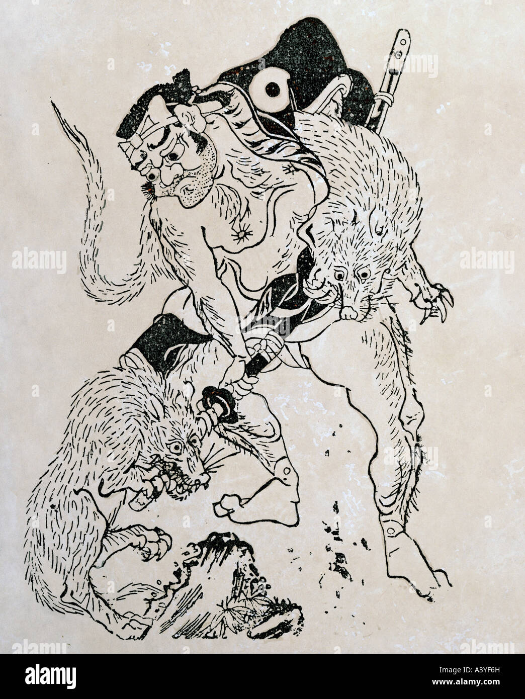 Bildende Kunst, Japan, Grafik, Krieger angegriffen von zwei Wölfen, 15. / 16. Jahrhundert, Holzschnitt, Privatsammlung, Tokio, historische, h Stockfoto