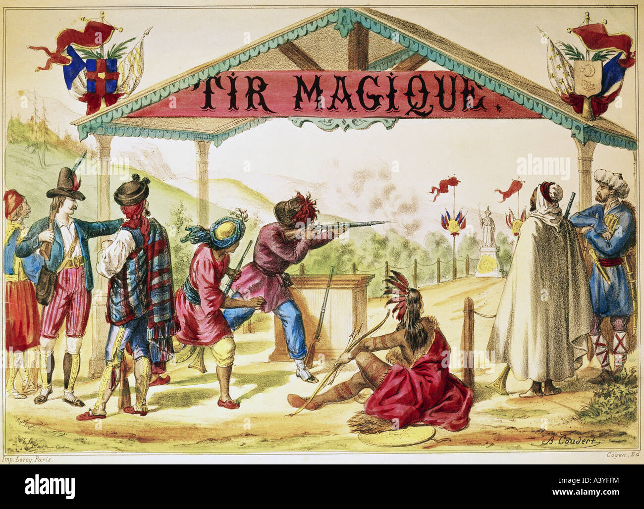 Festlichkeit, Messen, carny, Schießstand, "TIR Magique", ('magischer Schuss'), Farblithograph, von B.Coudert, Druck von Leroy, Paris, ca. um 1840, Puppentheater-Museum im städtischen Museum, München, Stockfoto