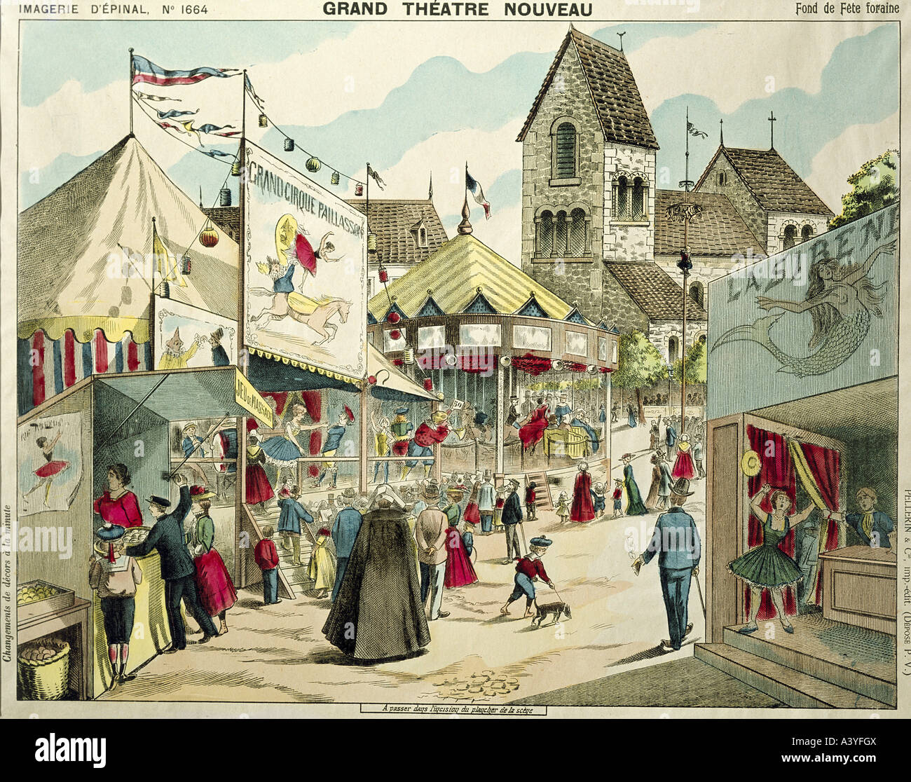 Festlichkeit, Messen, carny, 'Grand Theatre nouveau - Fond de fete foraine', Hintergrund für Papiertheater, Farbstift lithograph, Druck von Pellerin und Cie., Epinal, ca. 1880, Puppentheater-Museum im städtischen Museum, München, Stockfoto