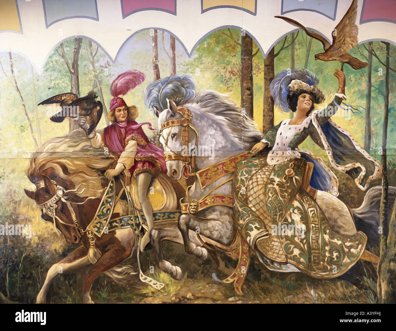 Festlichkeit, Messen, carny, Drehgalerie, Fassade, Falconing, Öl auf Blech, 1951, Puppentheater-Museum im Stadtmuseum, München, Stockfoto