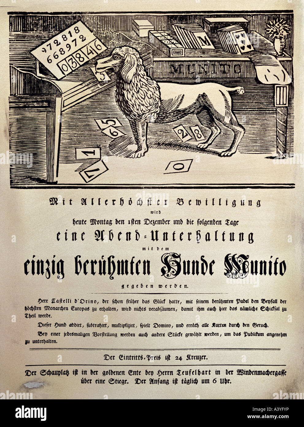 Festlichkeit, Messen, carny, Munito der sagenhafte Hund des Castelli d' Orino, Breitblatt, Holzschnitt, Wien, ca. 180/1830, Stockfoto