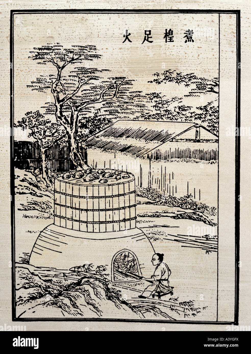 Industrie, Papierherstellung, Kochen von Faserstoff aus bork von Maulbeerbaum, Lappen, Flachs, Hanf, Fischernetze, Seile, Holzschnitt, aus Holzblockenabdruck, nach "der Kunst der Papierherstellung", von Cai Lun, 18. Jahrhundert, private Sammlung, Stockfoto