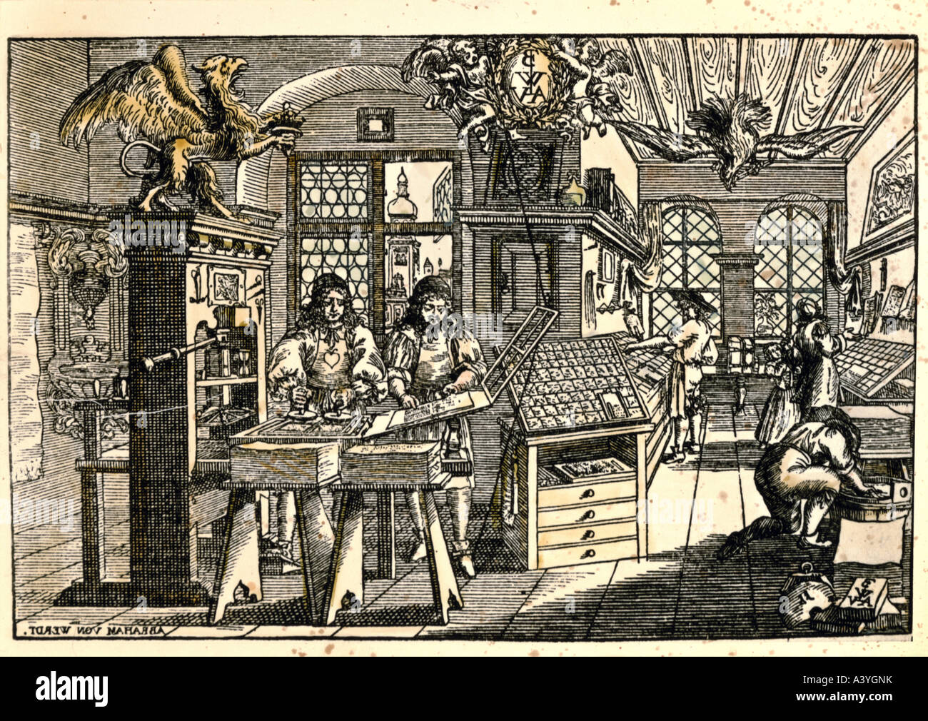 Leute, Beruf, Drucker, im Atelier, Farbholzschnitt, von Abraham von Werdt, ca. 1680, Stockfoto