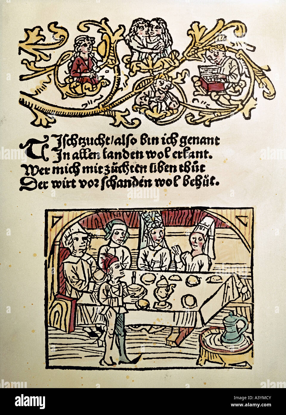 Personen, Lebensmittel und Getränke, Tafelnde Gesellschaft, ("prta essen"), Farbholzschnitt, Titel, Tischzucht, ("Tischmanieren"), von Jakob Köbel, gedruckt von Heinrich Knoblochzer, Heidelberg, 1492, Privatsammlung, Stockfoto