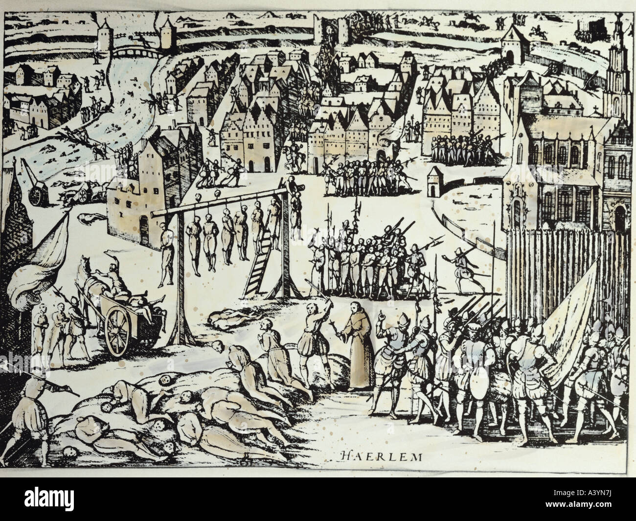 Ereignisse, Achtzigjähriger Krieg, 1568 - 1648, Massenhinrichtungen von Bürgern nach der Einnahme von Haarlem durch Fernando Alavarez de Toledo, Herzog von Alba, 1573, Farbgravur, durch Michael Aitsinger, aus "de leone Belgico", 1576, Privatsammlung, Stockfoto