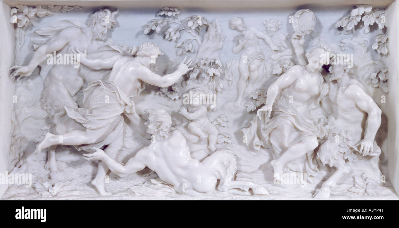 "Fine Arts, Leoni, Antonio, (überprüfbare 1704-1716), Relief,"Bacchanal", ca. 1705, Elfenbein, 36 cm x 13,5 cm, bayerische Nati Stockfoto