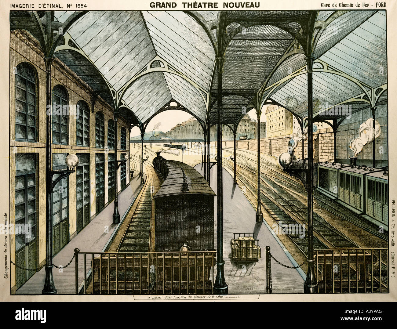 Transport/Transport, Eisenbahn, Stationen, Papiertheater, Hintergrund, Pellerin-Verlag, Epinal, ca. 1890, Stockfoto