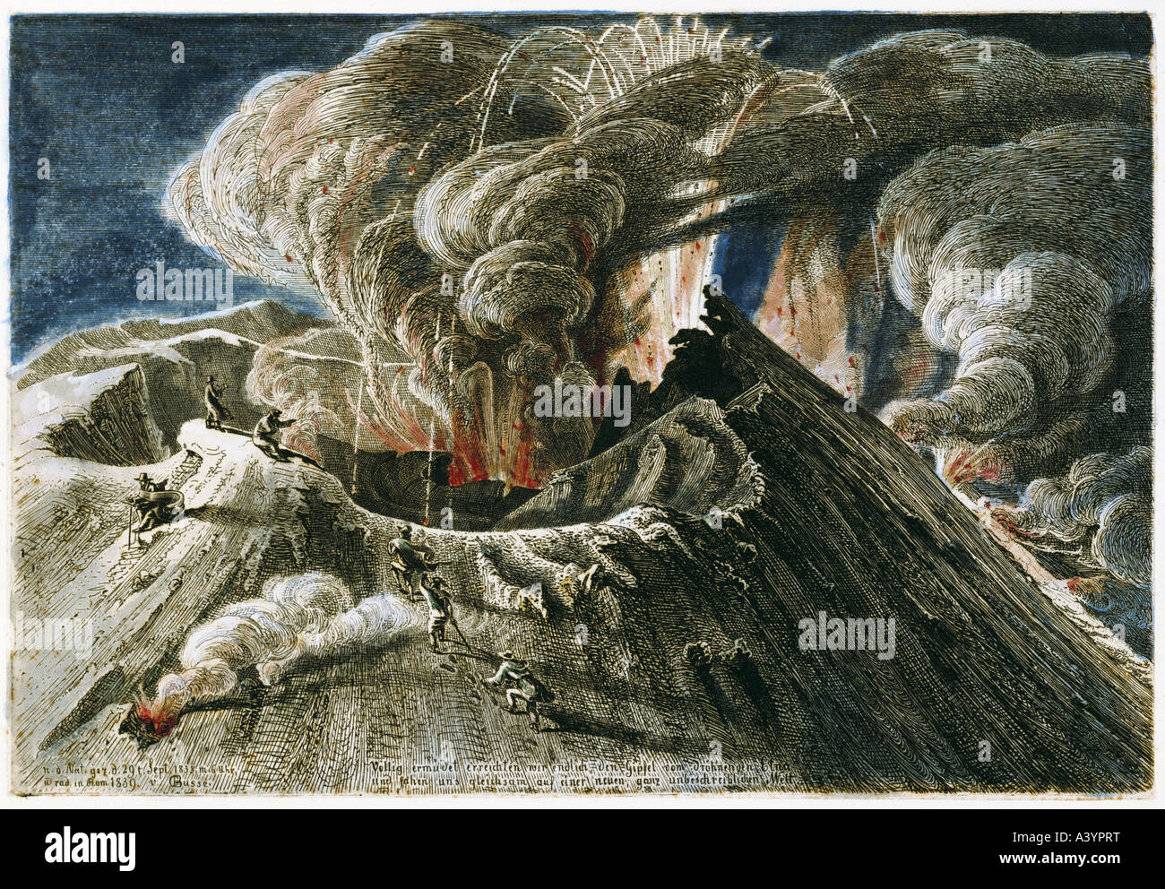Naturkatastrophe/Katastrophe, Vulkanausbrüche, Ätna, Krater, Farbätzung, 16,8 x 24,7 cm, von Georg Heinrich Busse, (1810 - 1868), Rom, 29.9.1838, Stockfoto