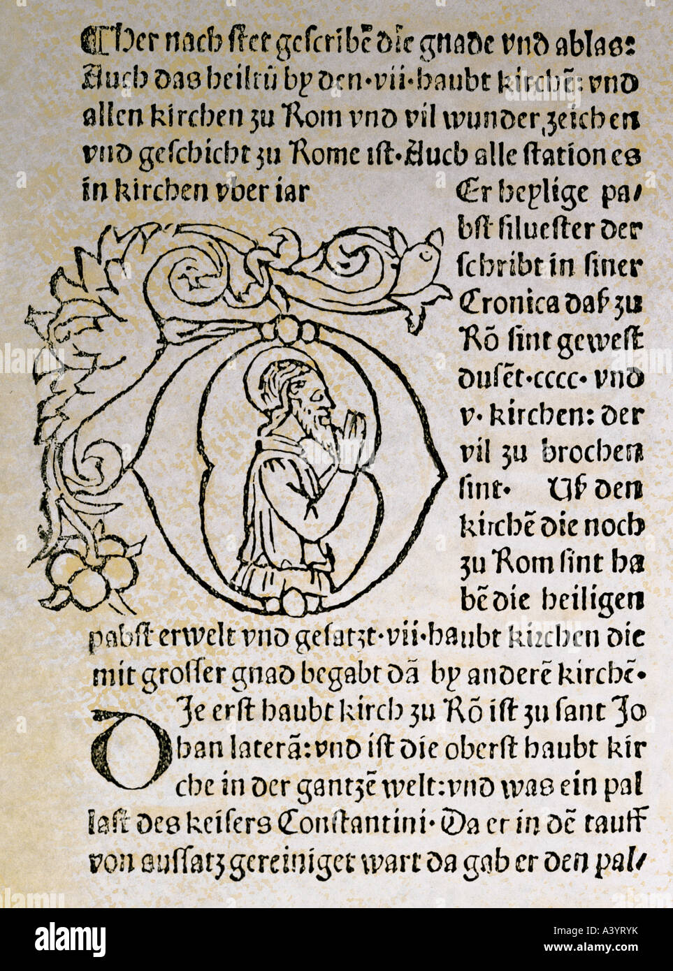 Literatur, Bücher, Reiseführer, 'Mirabilia Urbis Romae', Sankt Johannes der Täufer, Initial, Holzschnitt, gedruckt von Stephan Plank, Rom, 1489, Privatsammlung, Stockfoto