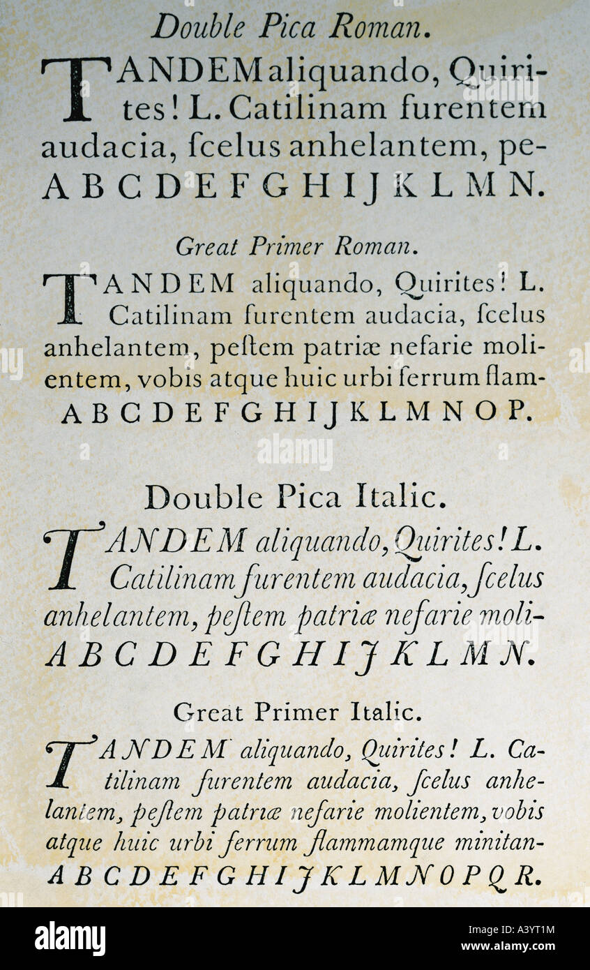 Technik, Druck, Typmuster, aus Musterbuch, von John Baskerville (1707 - 1775), Birmingham, 1762, Stockfoto