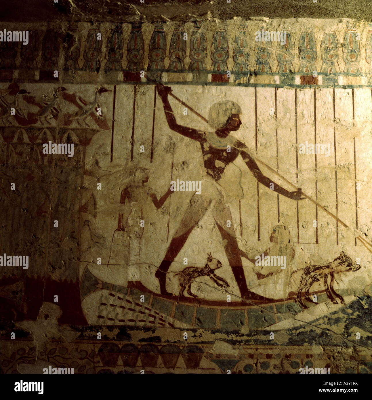 Reise/Geographie, Ägypten, Theben, Tal der Adligen, Gebäude, Grab von Userhet, Innenansicht, zeremonielle Jagd im Papyrus Boot im Sumpf, ca. 1428 - 1397 v. Chr., historisch, historisch, Afrika, Architektur, alte Welt, Neues Königreich, 18. Dynastie, königliche Sekretärin von pharao Amenophis II., 15. Jahrhundert v. Chr., Fresko, UNESCO-Weltkulturerbe, alte Welt, Schmuck, Verzierungen, Stockfoto