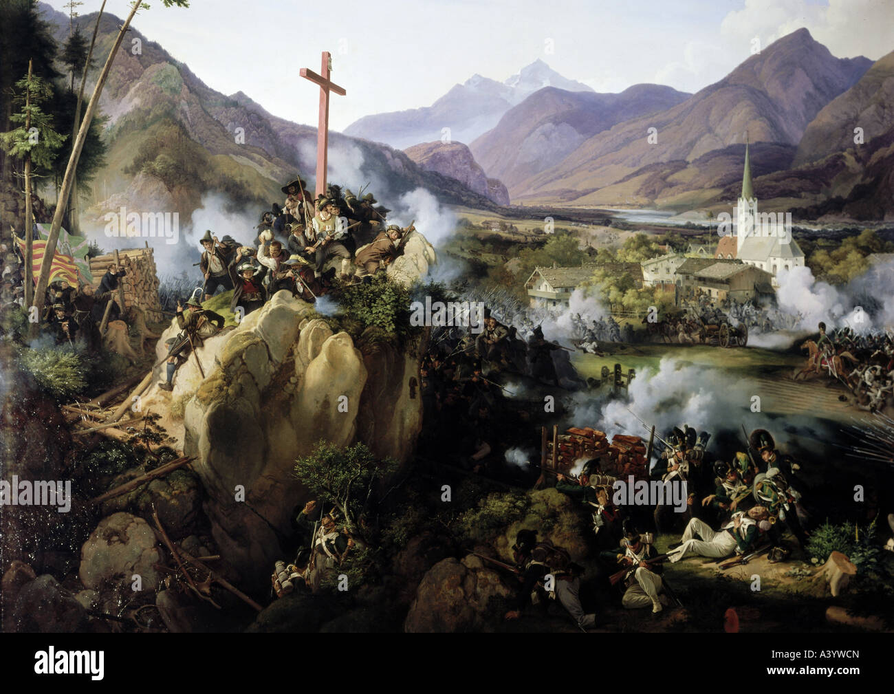 Ereignisse, Krieg der Fünften Koalition 1809, Aufstand der Tyrolianer, Schlacht bei Wörgl 13.6.1809, Gemälde von Peter von Hess (1994-1871), Detail, Residenz München, napoleonische Kriege, Österreich, Tyrol, Tyrolianer, Bayern, Soldaten, Infanterie, 19. Jahrhundert, historisch, Worgl, Woergl, Andreas Hofer, Menschen, Stockfoto