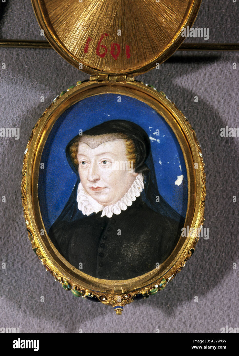 Catherine de Medici, 13.4.1519 - 5.1.1589, Königin von Frankreich 31.3.1547 - 10.7.1559, Portrait als Witwe, Miniatur von Francois Cloue Stockfoto