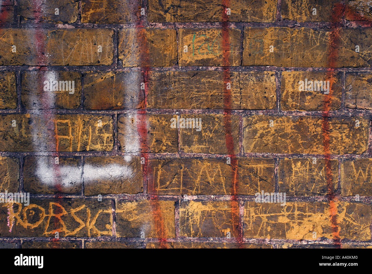 Ziegelwand mit zerkratzten Graffiti in Clissold Park, Stoke Newington, London, UK, Februar 2006. Stockfoto