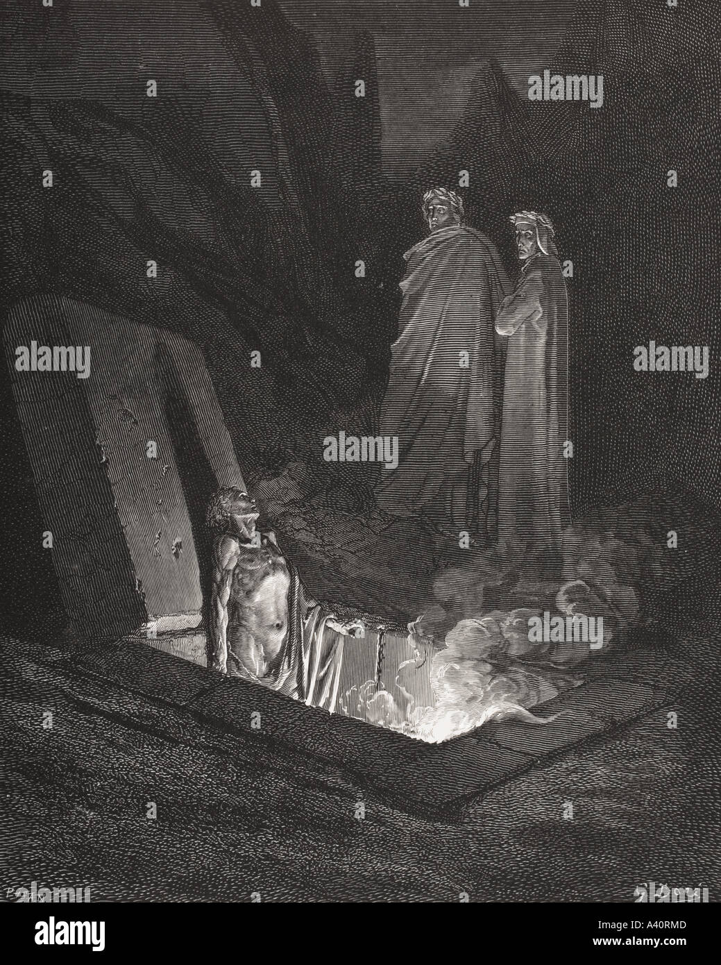 Stich von Gustave Dore, 1832 -1883, französischer Künstler und Illustrator, für Inferno von Dante Alighieri, Canto X, Zeilen 40 bis 42. Stockfoto