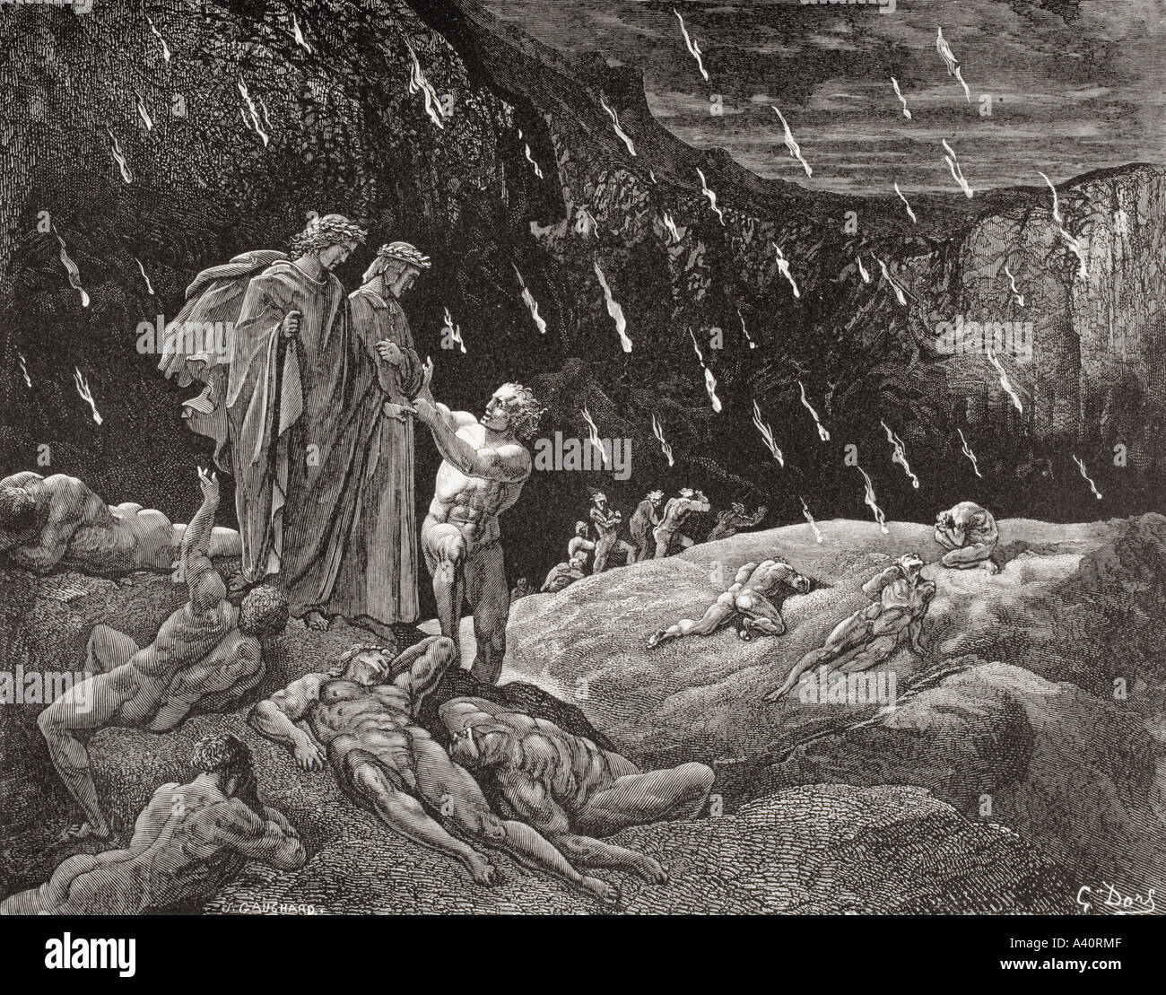 Kupferstich von Gustave Dore, 1832-1883, französischer Künstler und Illustrator für Inferno von Dante Alighieri, Canto XV, Linien 28 und 29. Stockfoto
