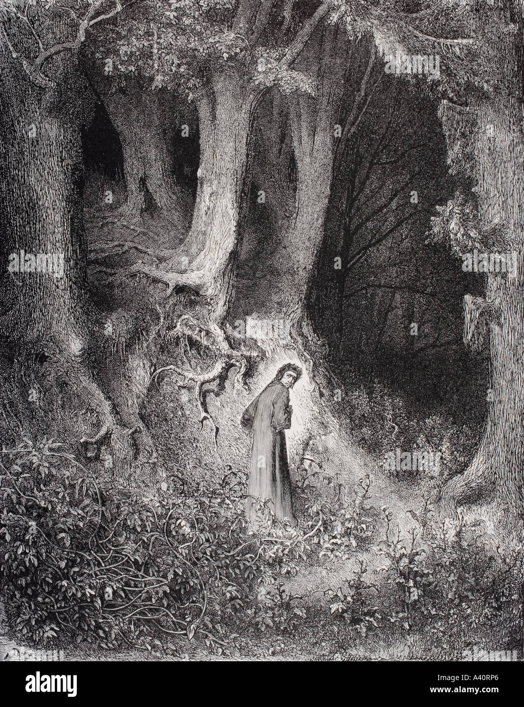 Kupferstich von Gustave Dore, 1832-1883, französischer Künstler und Illustrator für Inferno von Dante Alighieri, Canto ich die Zeilen 1 und 2 Stockfoto