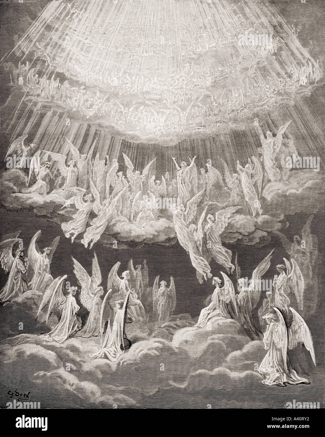 Illustration für Paradiso von Dante Alighieri. Canto XXVII, Linien 1 bis 4. Ehre sei dem Vater, dem Sohn und dem Heiligen Geist von Gustave Dore. Stockfoto