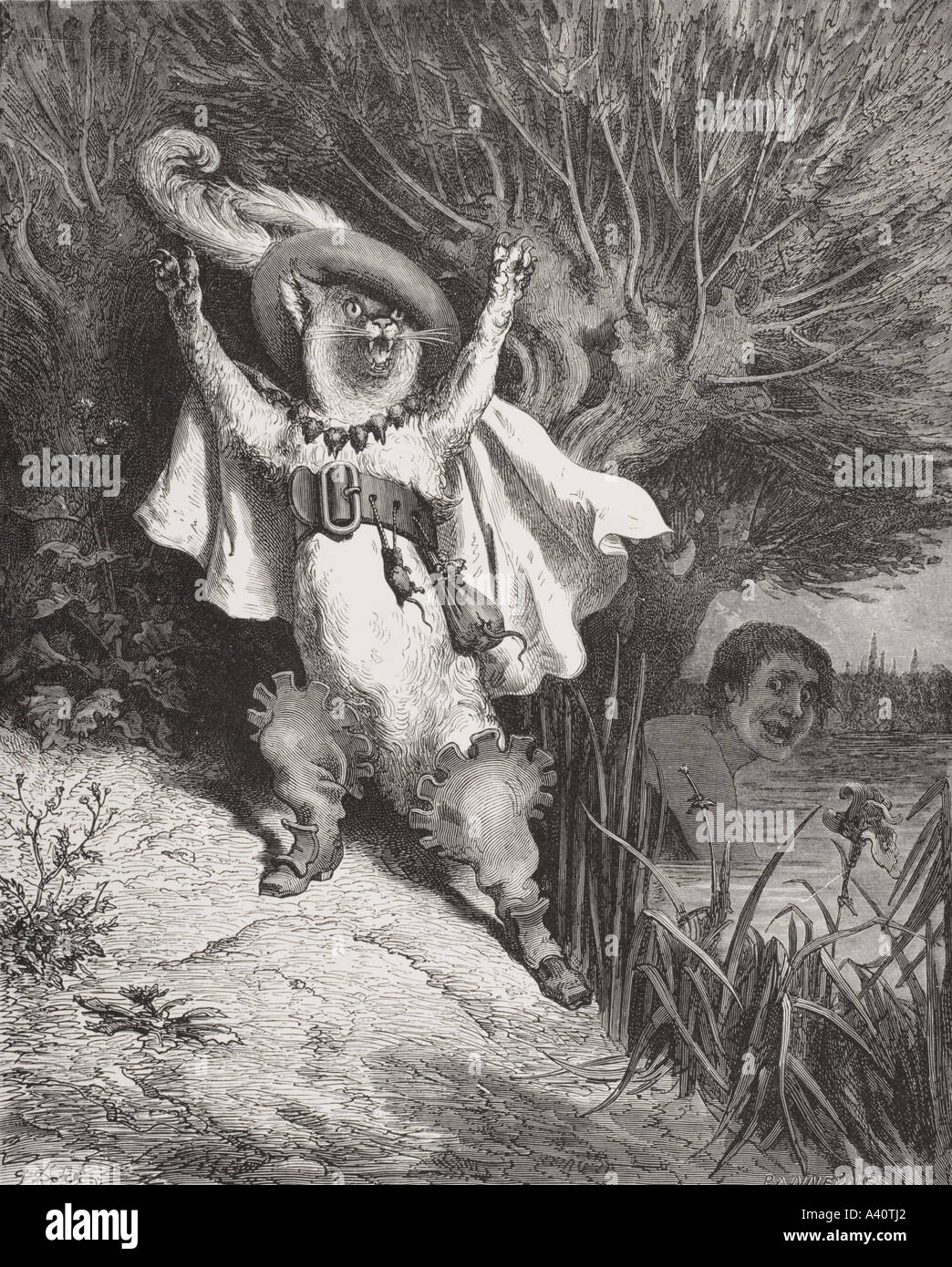 Der gestiefelte Kater von Fairy Realm von Tom Haube. Kupferstich von Gustave Dore, 1832 - 1883. Französische Künstler und Illustrator. Stockfoto