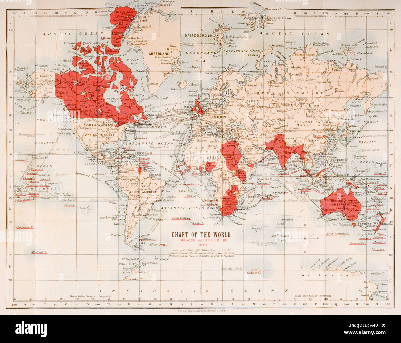 Weltkarte zeigt in rot den Umfang des britischen Empire im Jahr 1901 Stockfoto