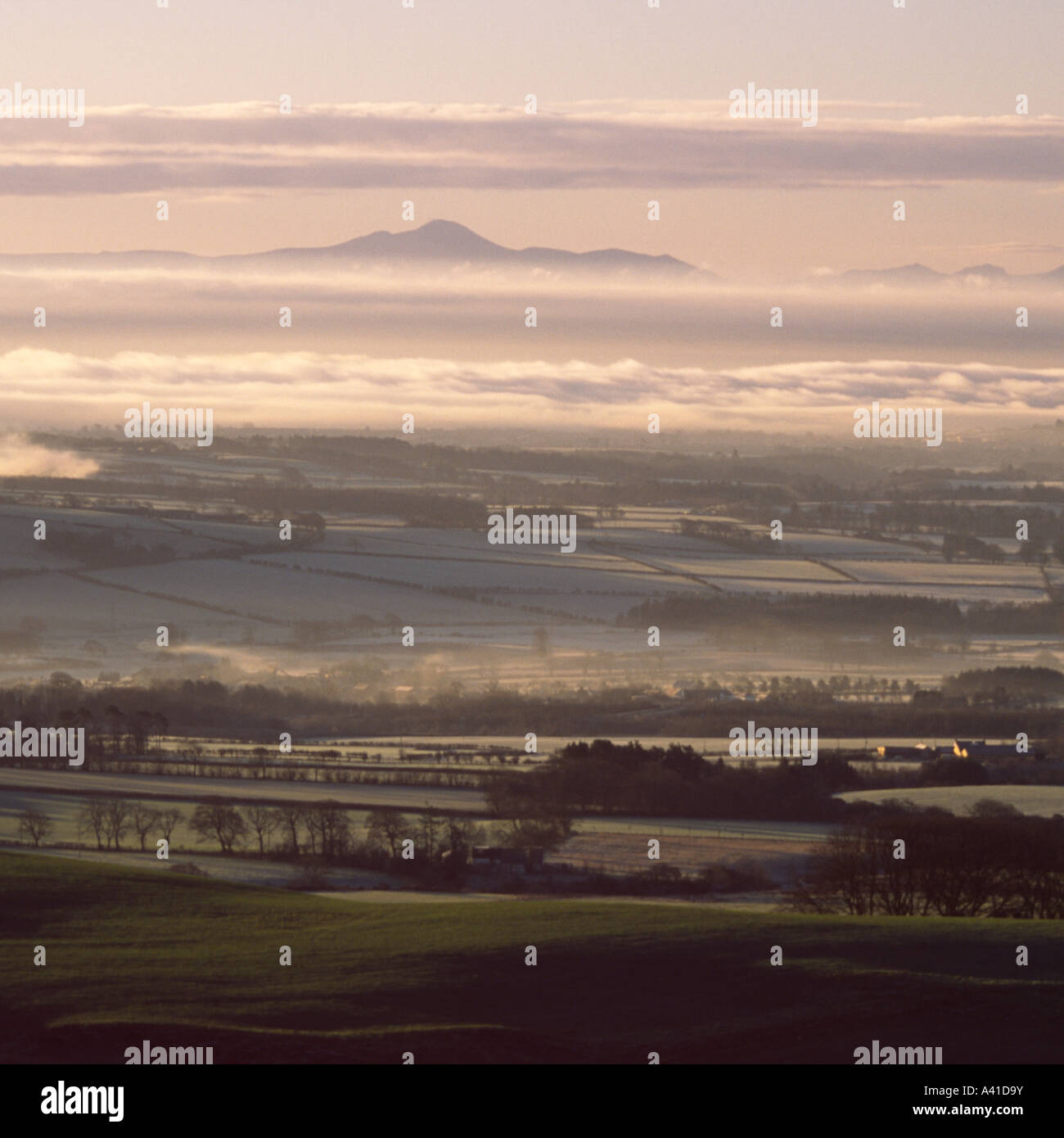 Eine neblige frostigen stimmungsvolle Winterlandschaft über Annandale und Solway Firth, Skiddaw im Lake District Scotland UK Stockfoto