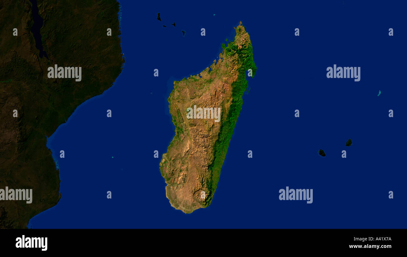Satellitenbild von Madagaskar hervorgehoben Stockfoto