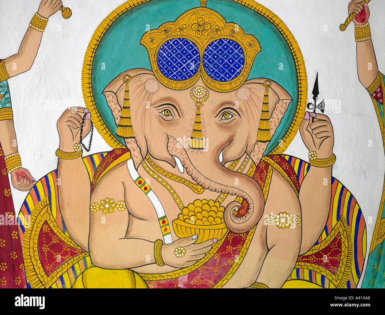 Hinduistische fromme Wandmalerei von Lord Ganesha in Udaipur in Indien Stockfoto