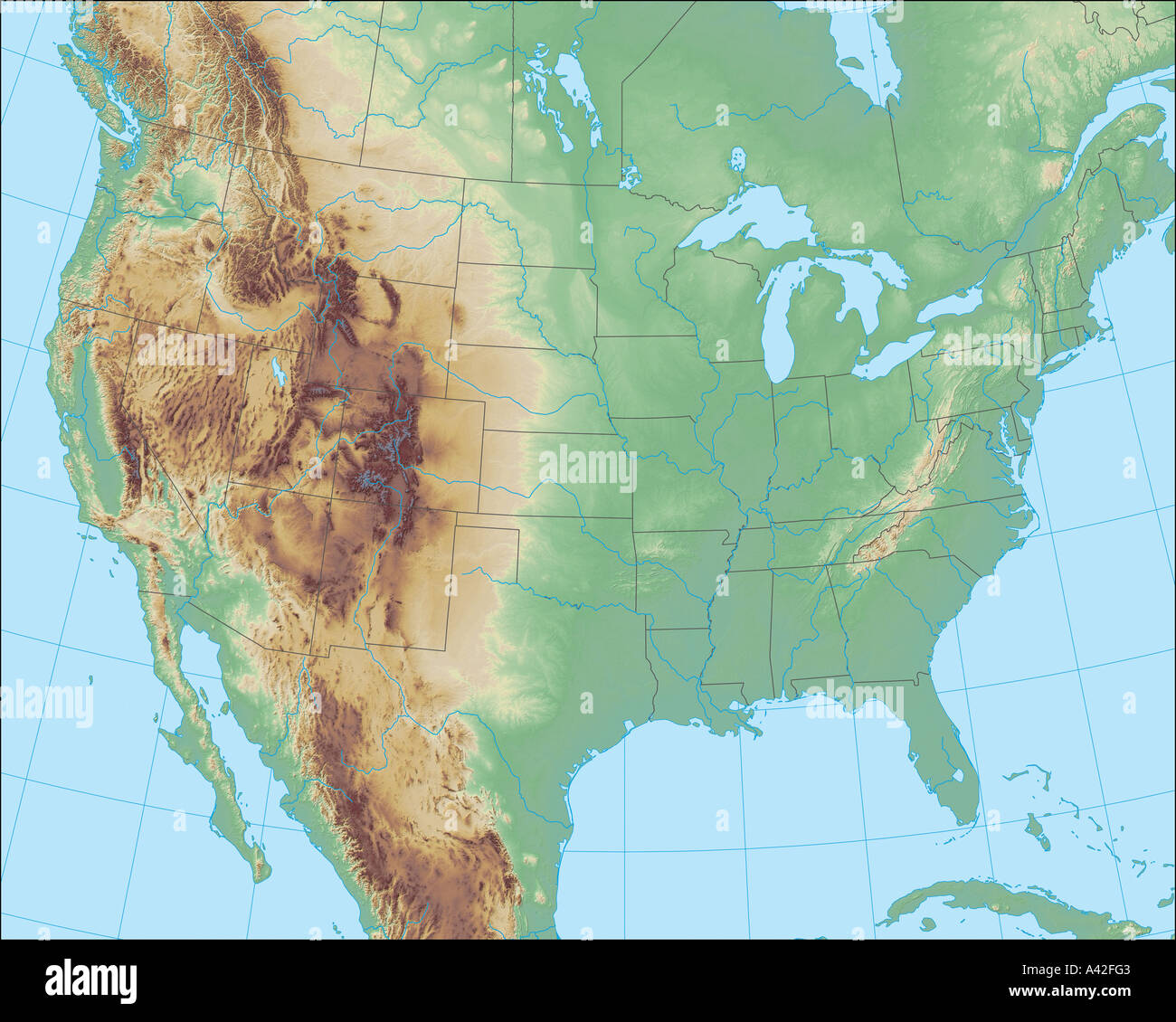Schöne, aber realistische topographische Karte von Nordamerika. Stockfoto