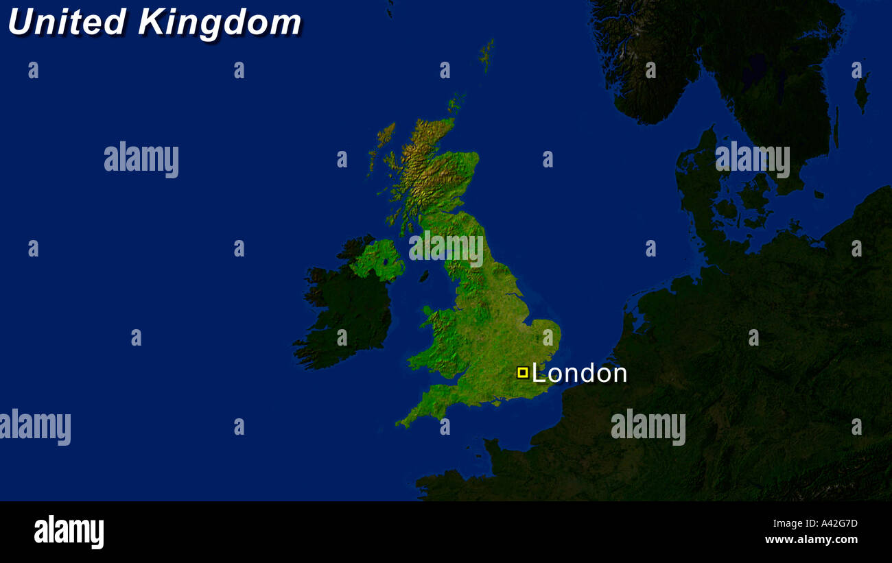 Satellitenbild des Vereinigten Königreichs mit London hervorgehoben Stockfoto