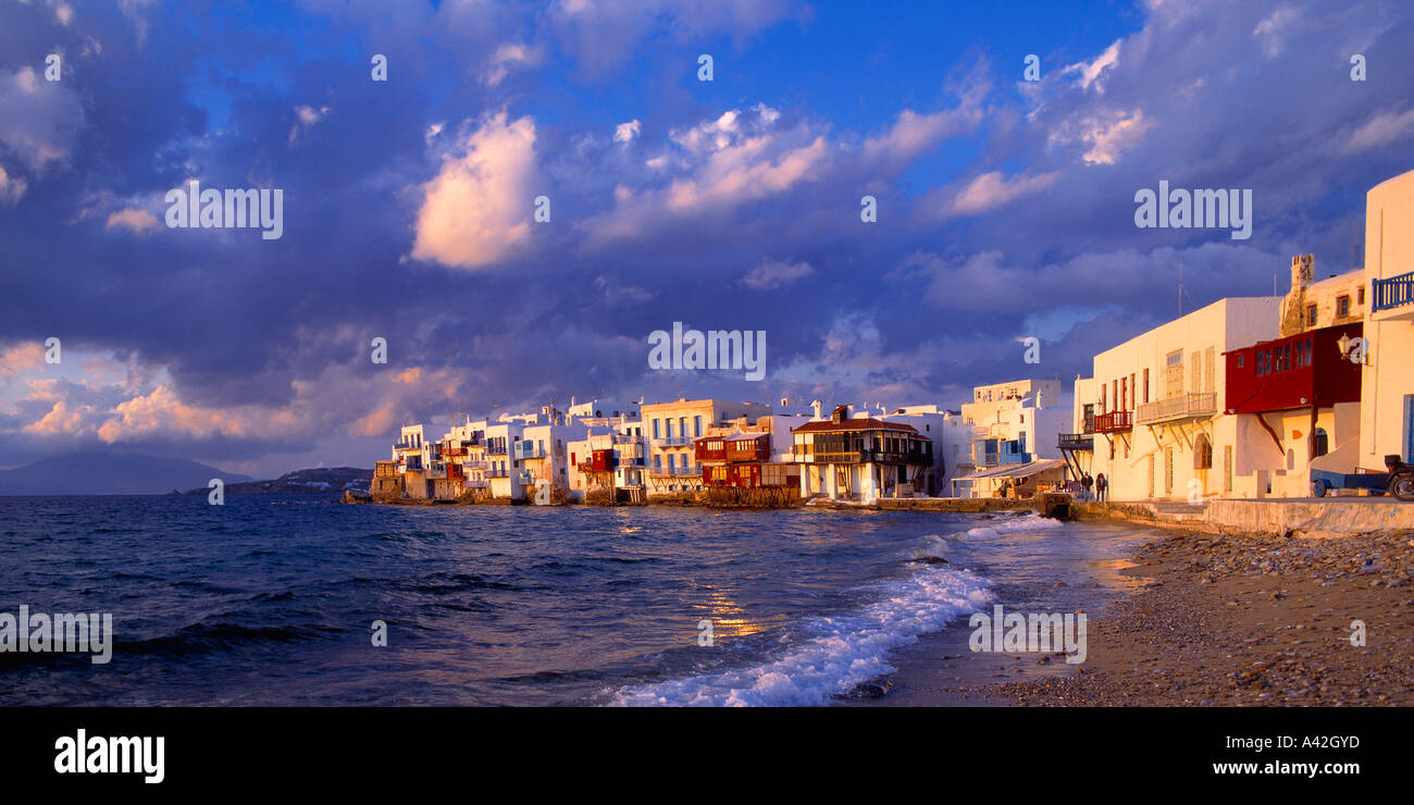 Griechenland-Kykladen-Insel wenig Venedig Strand Sonnenuntergang Stockfoto