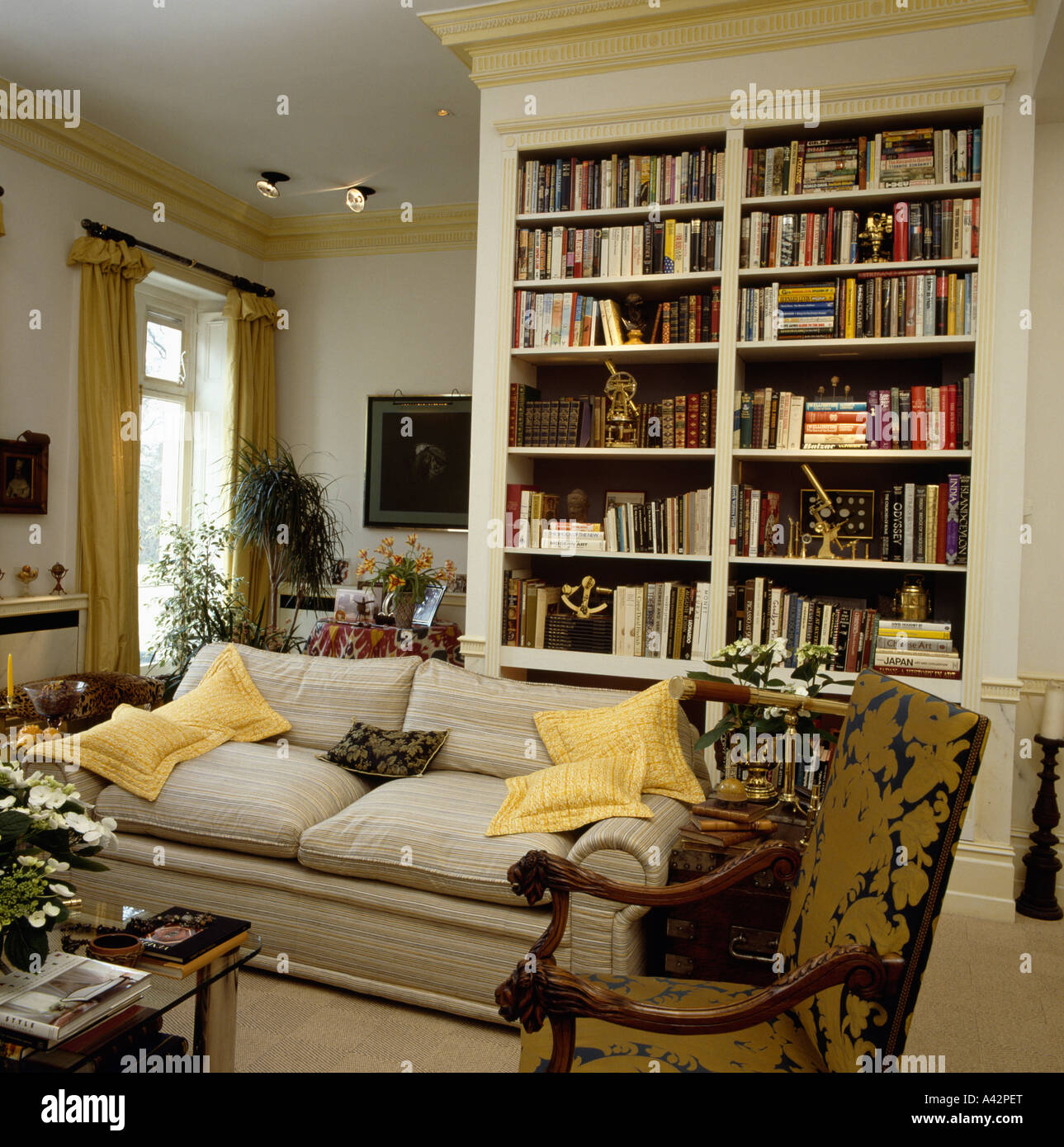 Gartenhaus mit Beige Sofa und gelben Kissen vor raumhohen Regalen  Stockfotografie - Alamy