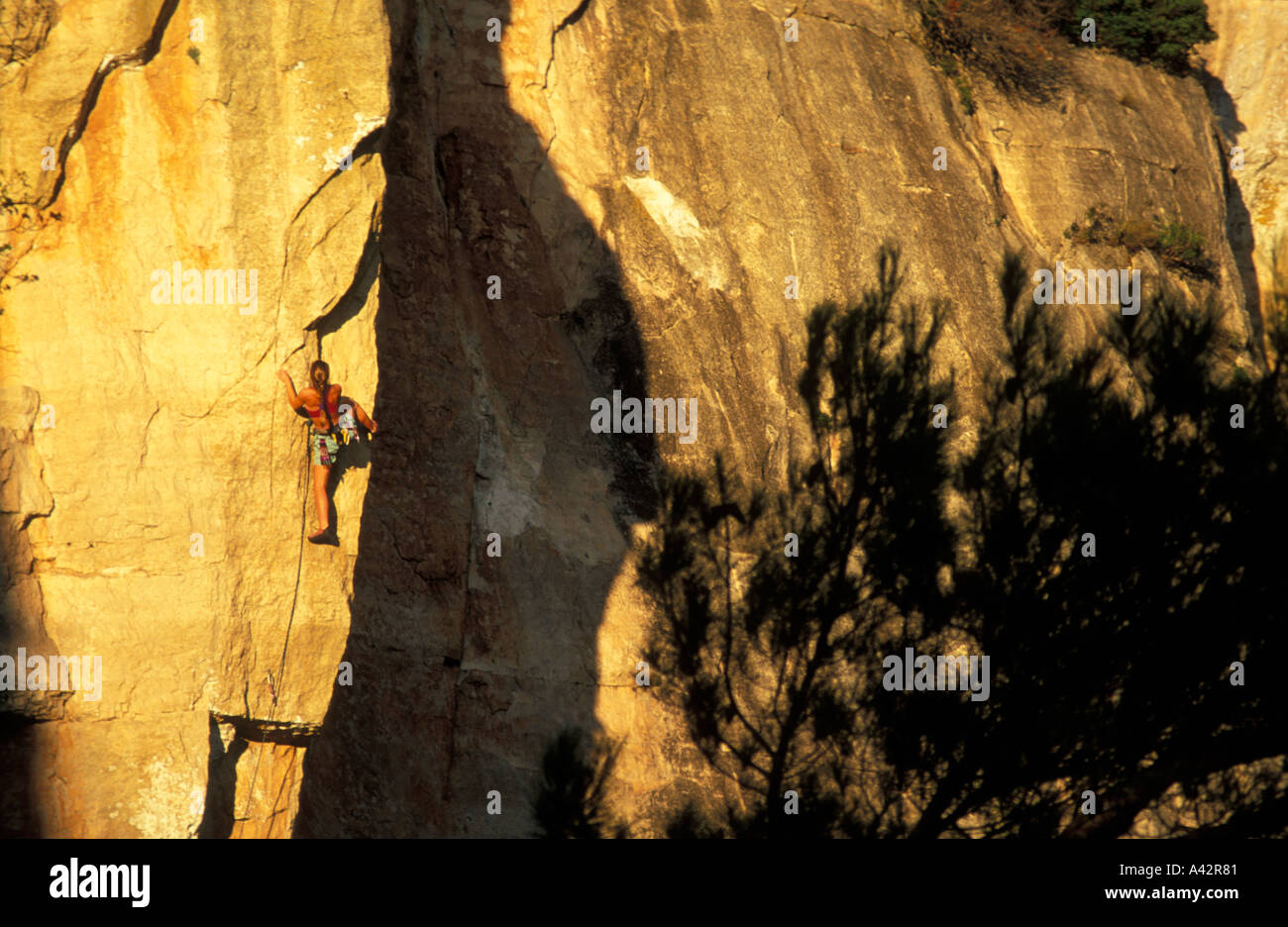 Emma Williams Klettern Pssh 7c La Mussara Sierra de Prades Spanien Stockfoto