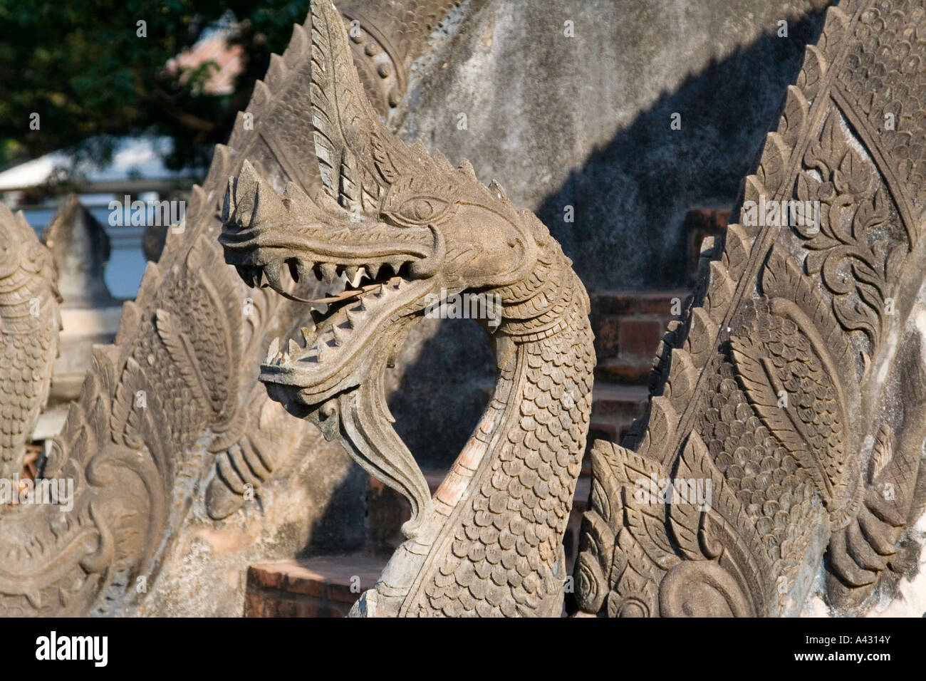 Stone Dragon Statue Treppen bei Haw Pha Kaew Vientiane Laos Stockfoto