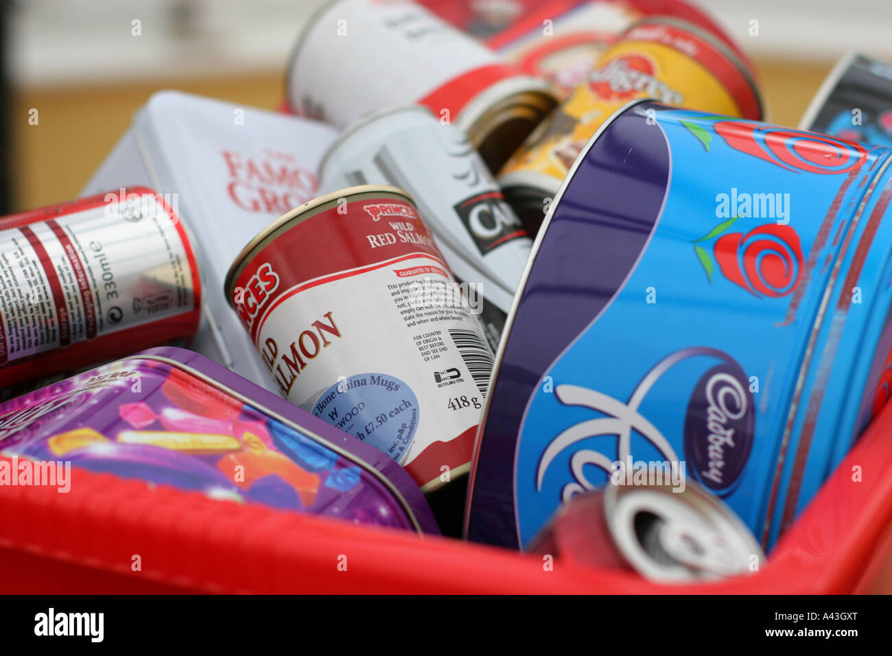 Verschiedene Metall Stahl kann Aluminium Zinn wiederverwertbare Abfälle Verpackung Müll Müll in einen roten recycling-Box zu Hause getrennt Stockfoto