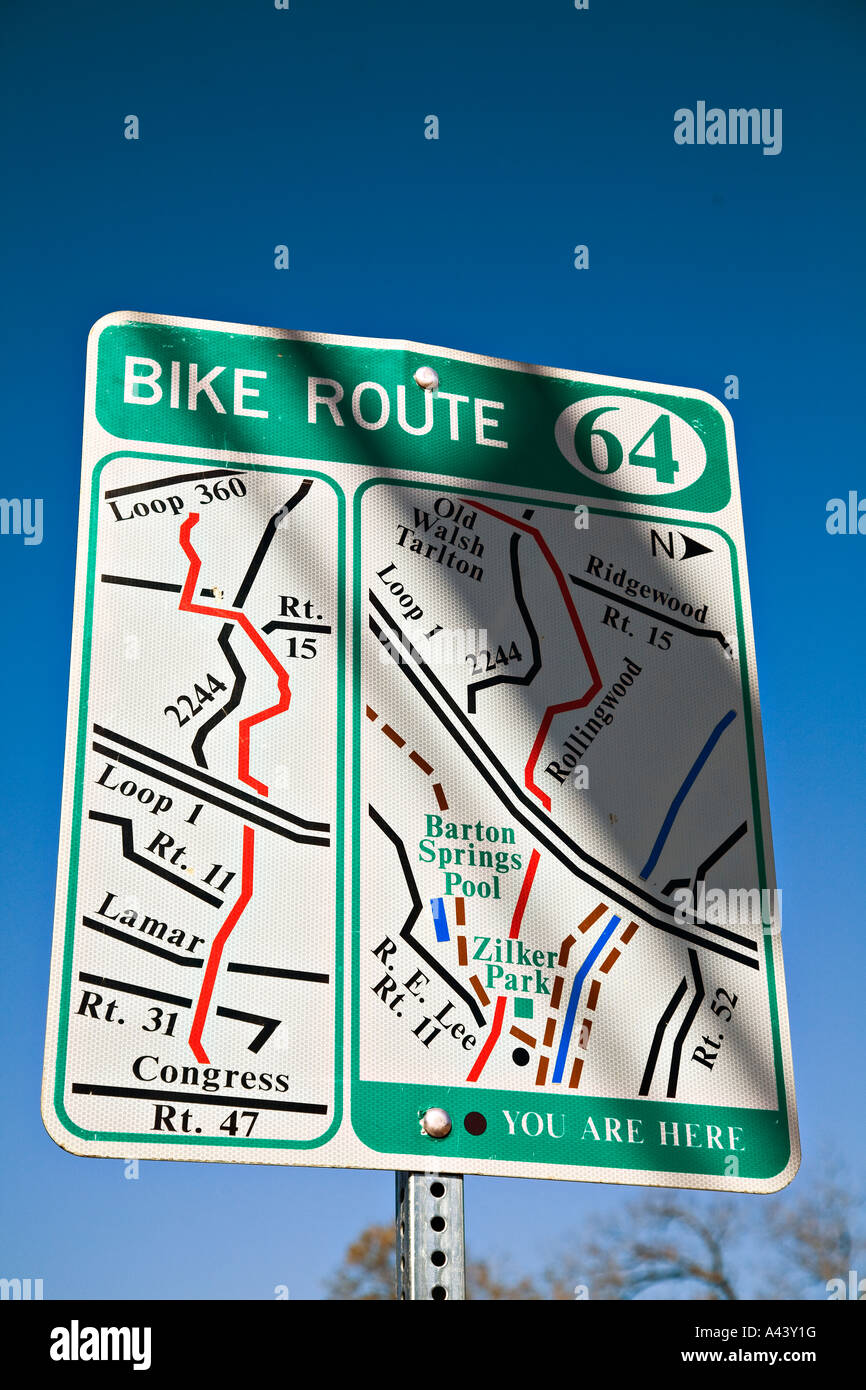 TEXAS Austin Bike Route 64 Karte auf Straße Zeichen, dass Sie hier sind Straßen und Sehenswürdigkeiten Stockfoto