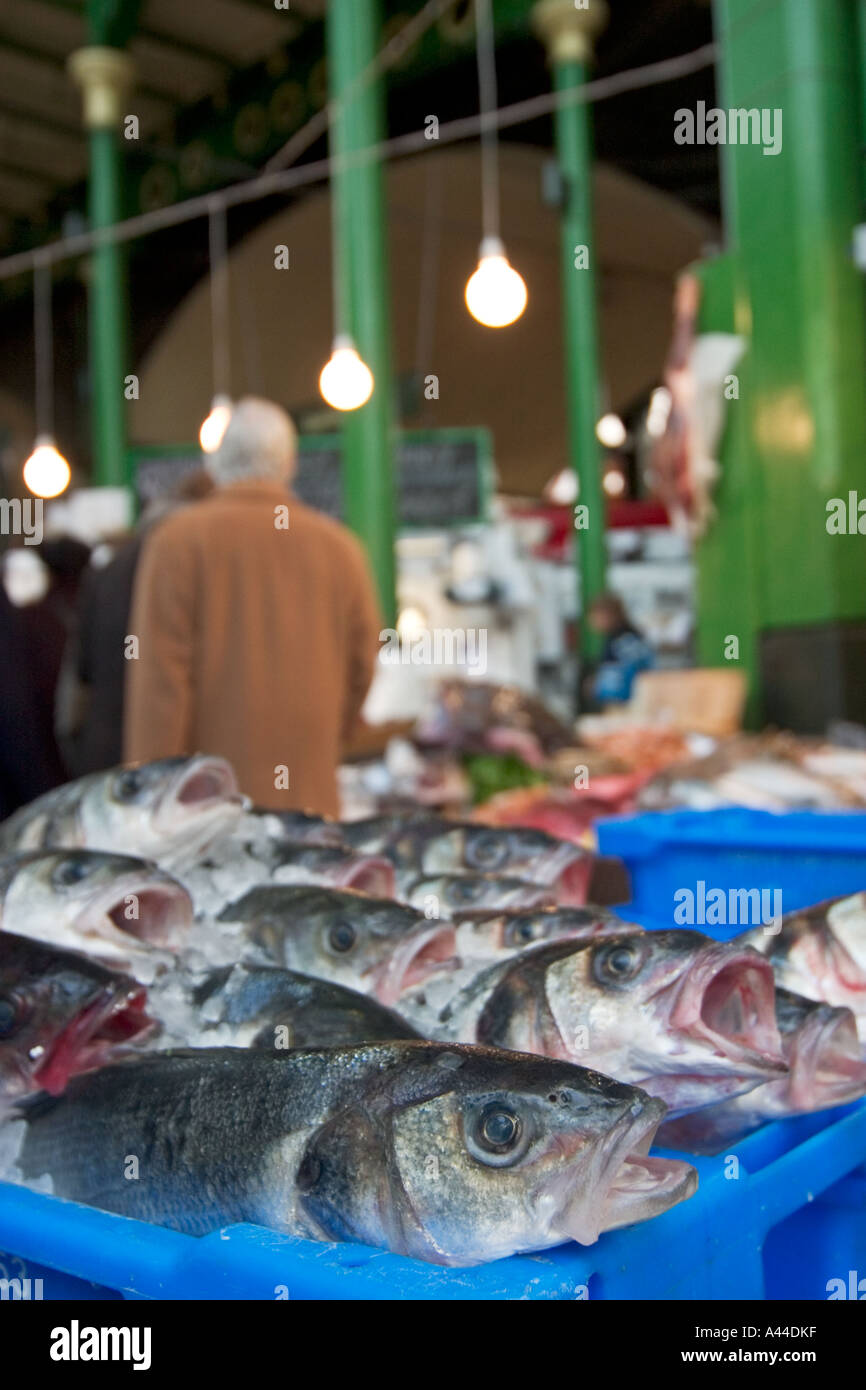 Kiste von Fischen auf Eis außerhalb einen Marktstand in London Borough Market Stockfoto