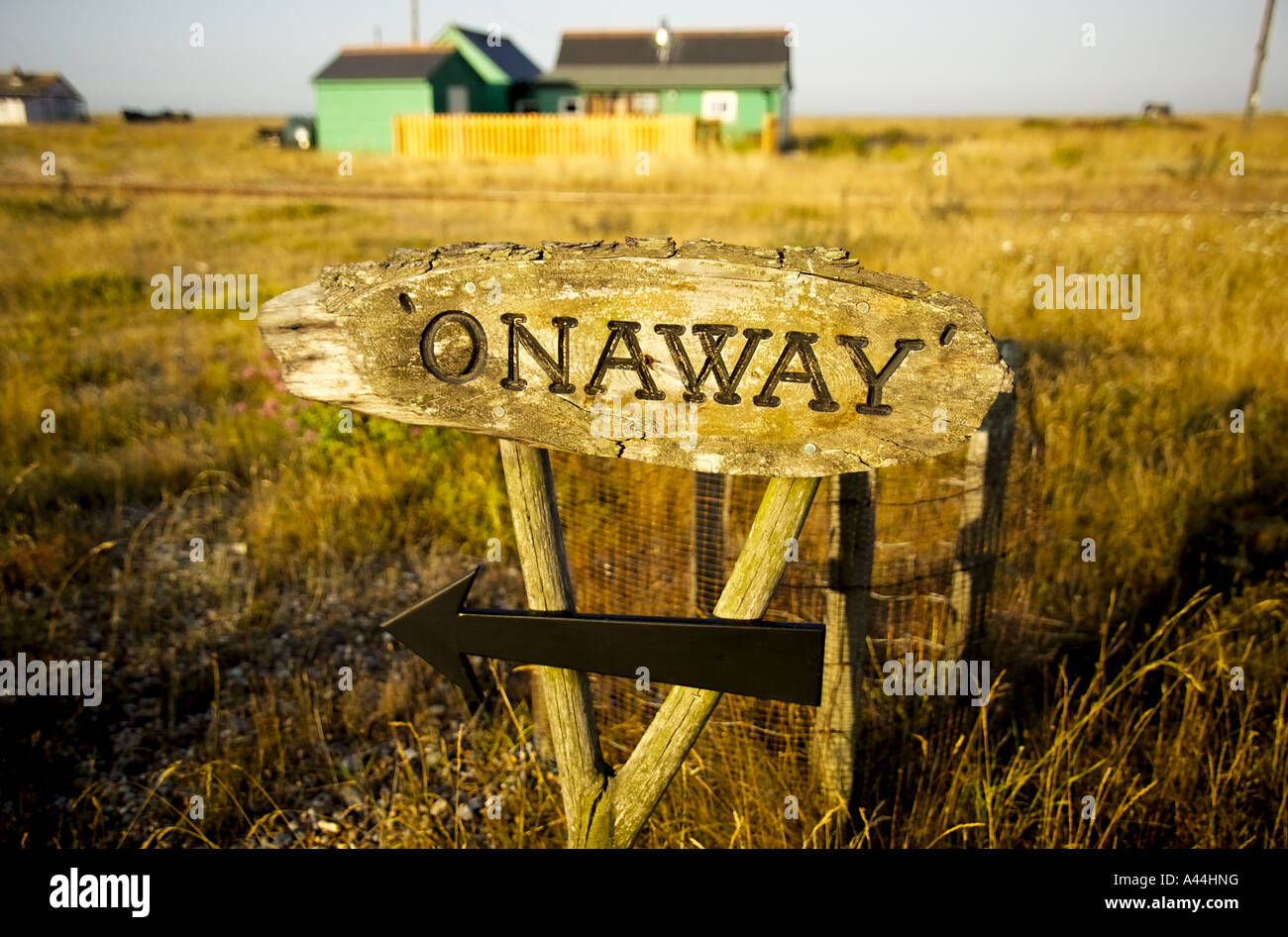 Onaway Zeichen, Dungeness, Kent, UK Stockfoto