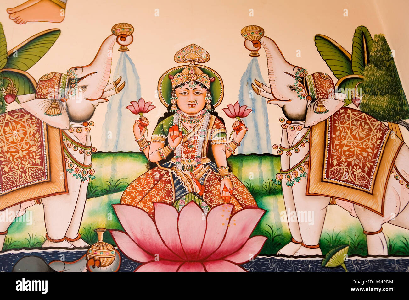 Indien Rajasthan Kota Palkiya Haveli moderne, hochwertige Wandmalerei der Hindu-Gottheit im traditionellen Stil Stockfoto