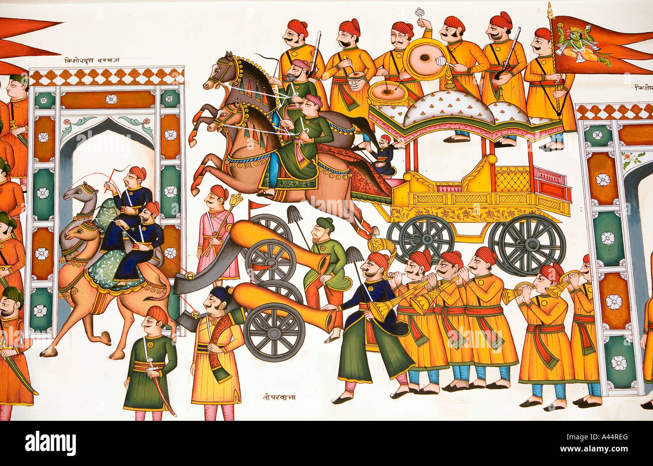 Indien Rajasthan Kota Palkiya Haveli moderne, hochwertige Wandmalerei der königlichen Kampfkunst-Szene Stockfoto