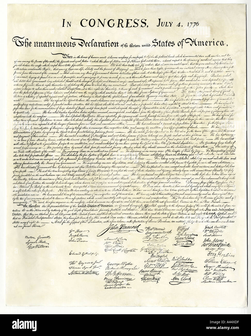 Die amerikanische Unabhängigkeitserklärung von 1776. Holzschnitt Stockfoto